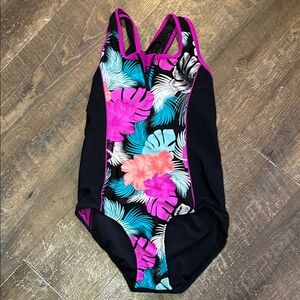 ZeroXposur Black One-Piece Swimsuit with Pink and Teal Floral Print Size 10-12